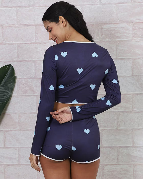 Contrast Trim Heart Print Crop Top & Shorts Sets