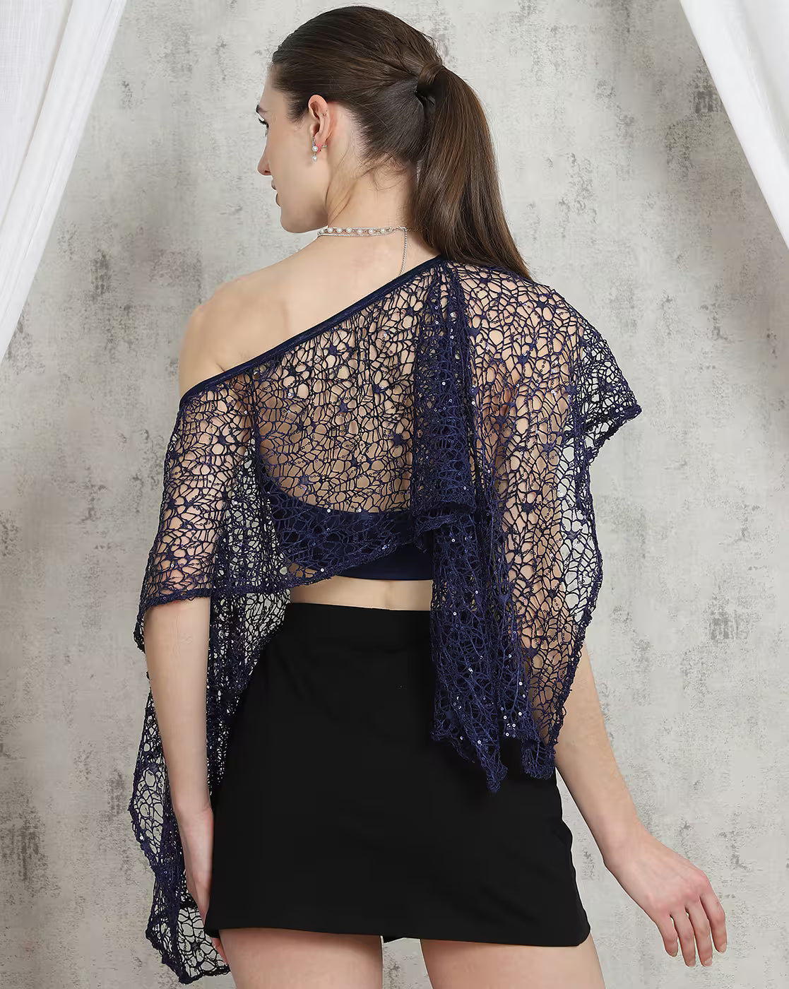 Asymmetrical Neck Lace Sequined Sheer Crop Top