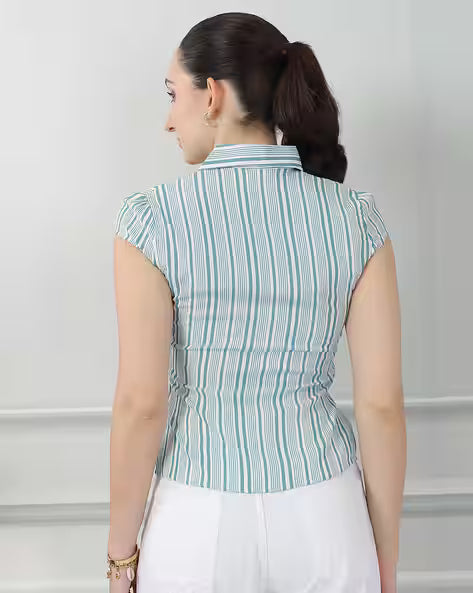 Cap Sleeve Spread Collar Seam Detail Striped Shirt